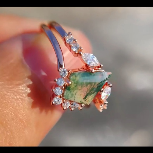 14k Rose Gold Vintage Kite Moss Agate Diamond Engagement Wedding Rings - Picture 9 of 12